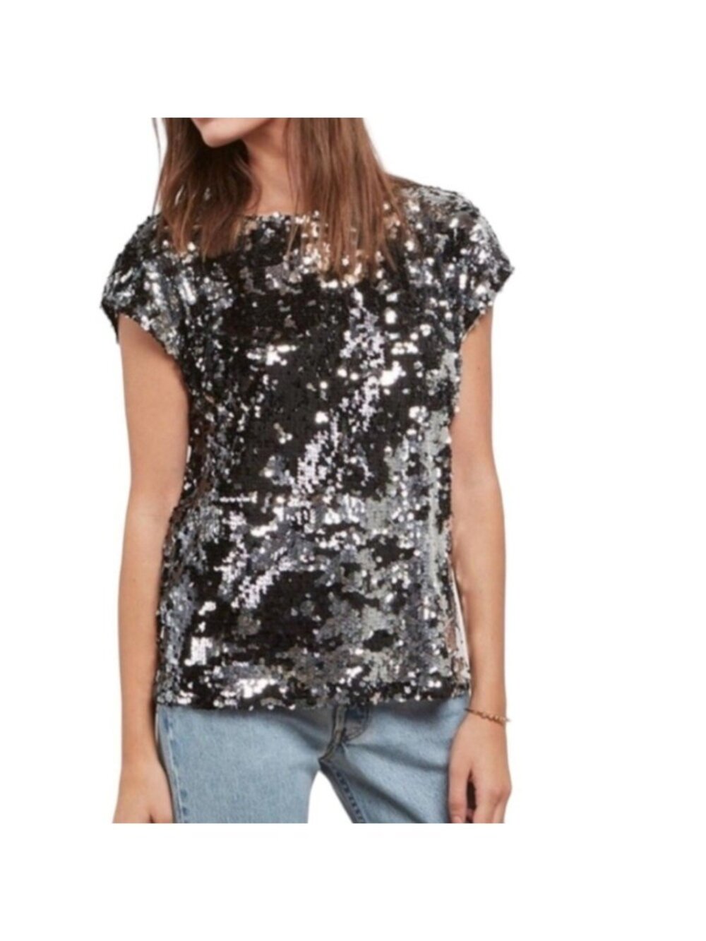 BB Dakota Womens Sequin cap sleeve Top Sparkling Black M (PP673)